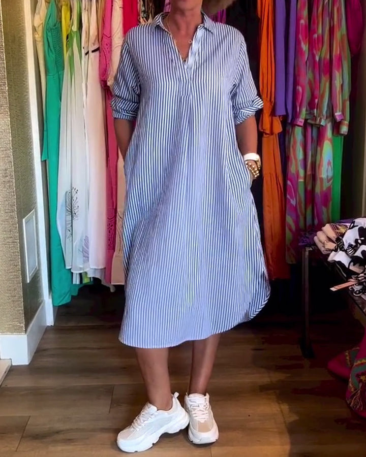 Striped printed lapel casual dress