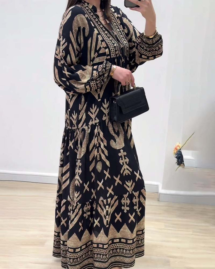 V-neck long-sleeved printed dress