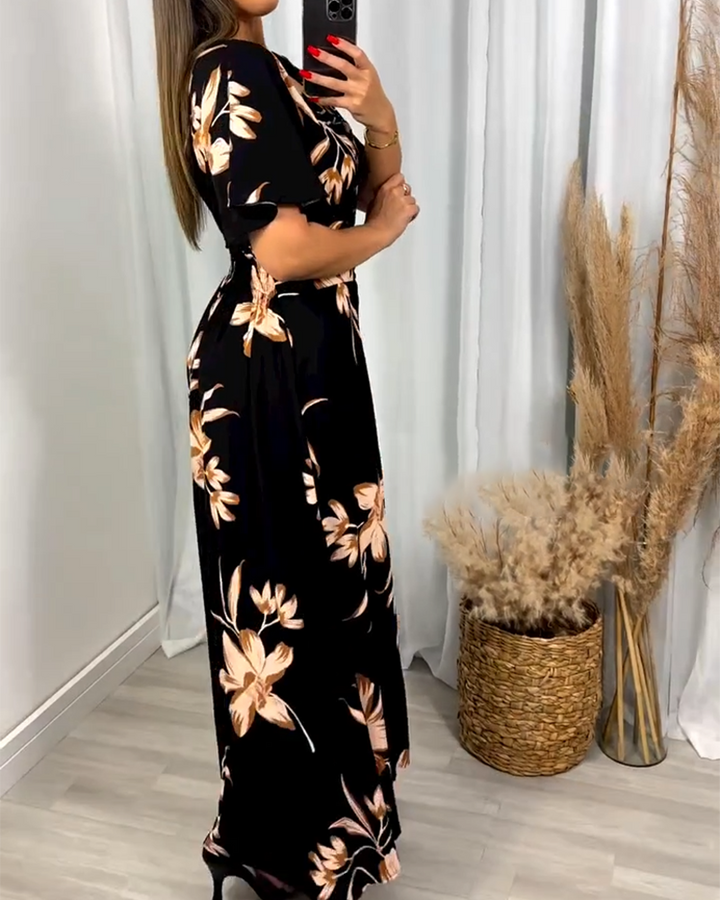 V-Neck Floral Print Waist Dress