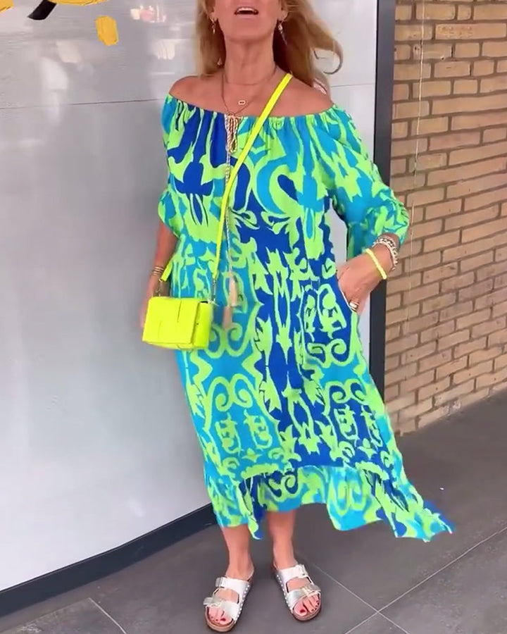 Bell Sleeve Holiday Print Dress