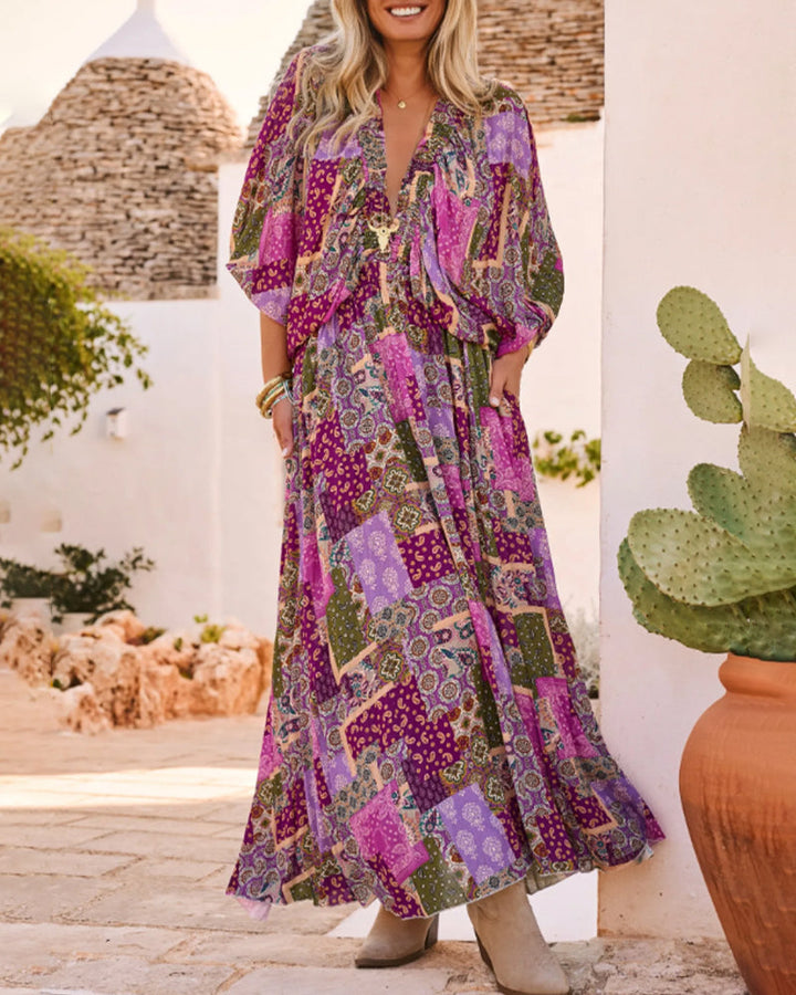 Boho Vacation V Neck Lantern Sleeve Dress