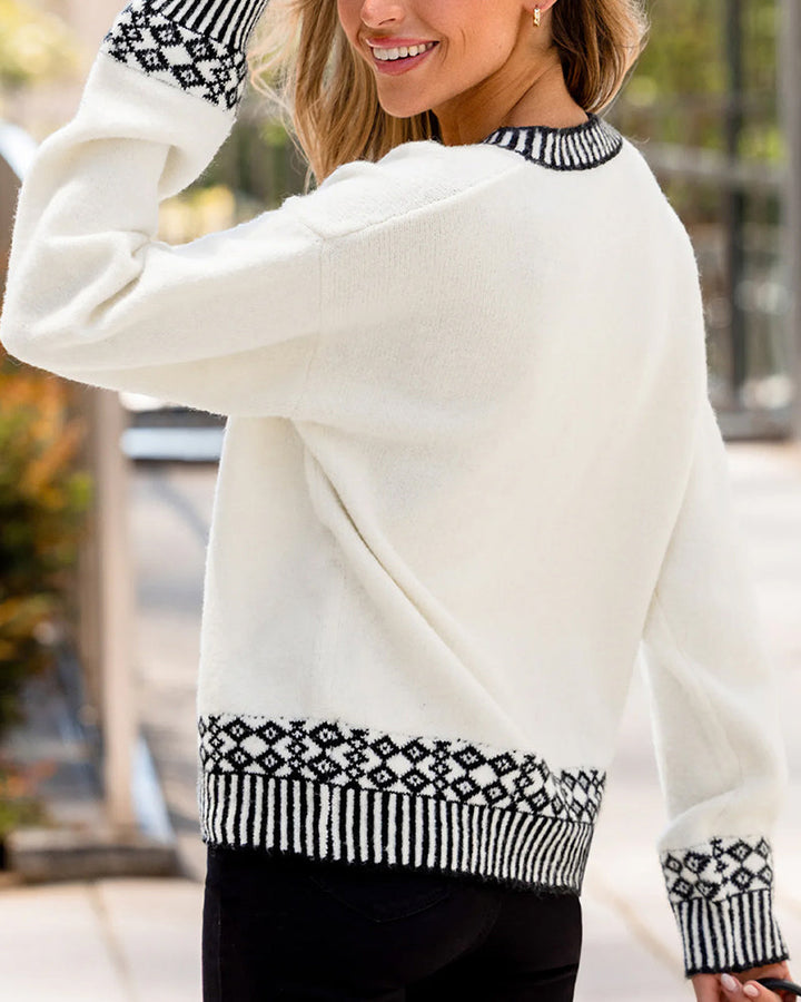 Contrast Jacquard Crew Neck Long Sleeve Sweater