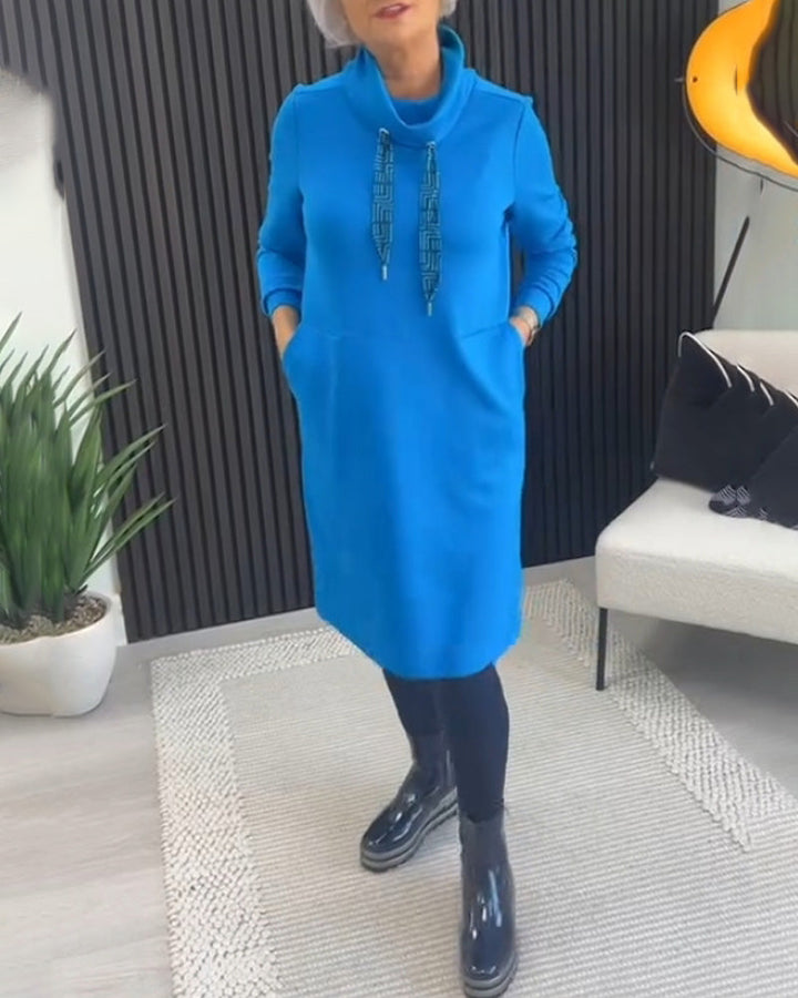 Scarf collar solid color pocket dress