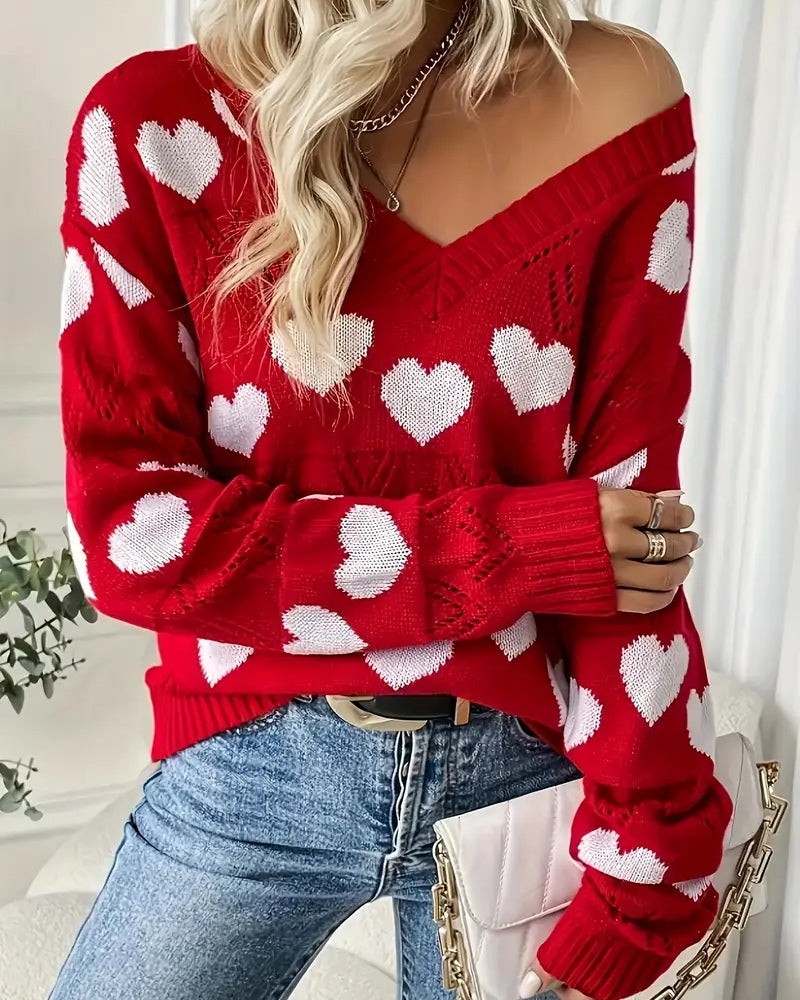 V-Neck Heart Hollow Jumper
