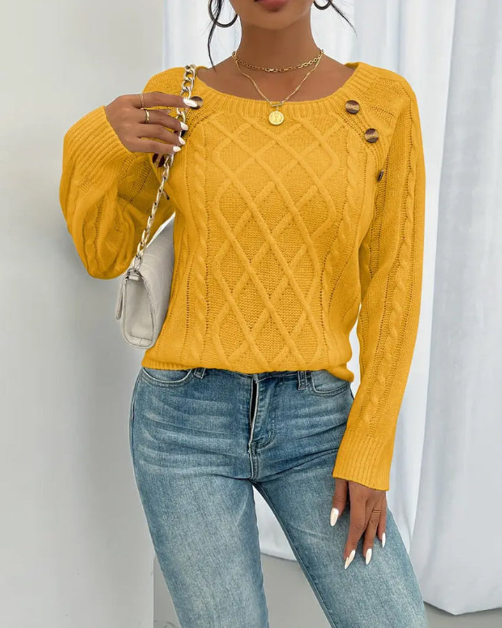 Solid Raglan Sleeve Buckle Cable Knit Jumper