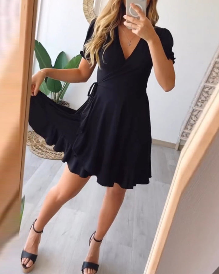 V-neck ruffle solid color strappy dress