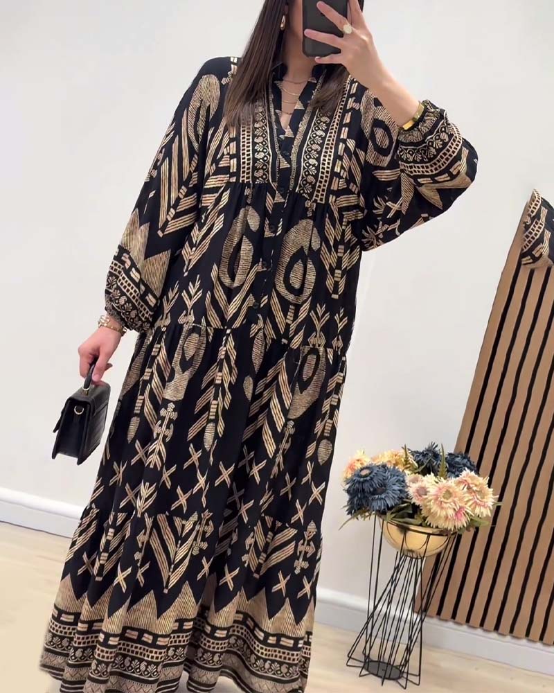 V-neck long-sleeved printed dress