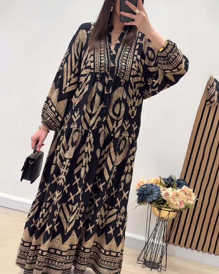 V-neck long-sleeved printed dress
