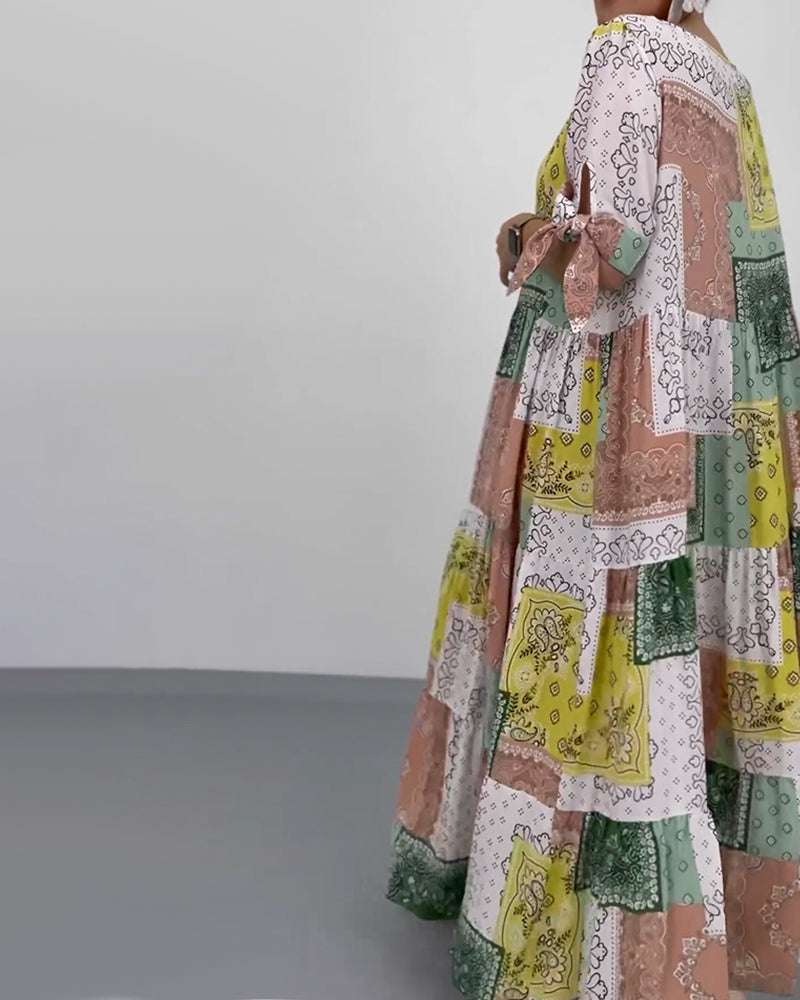 Loose round neck square print long dress