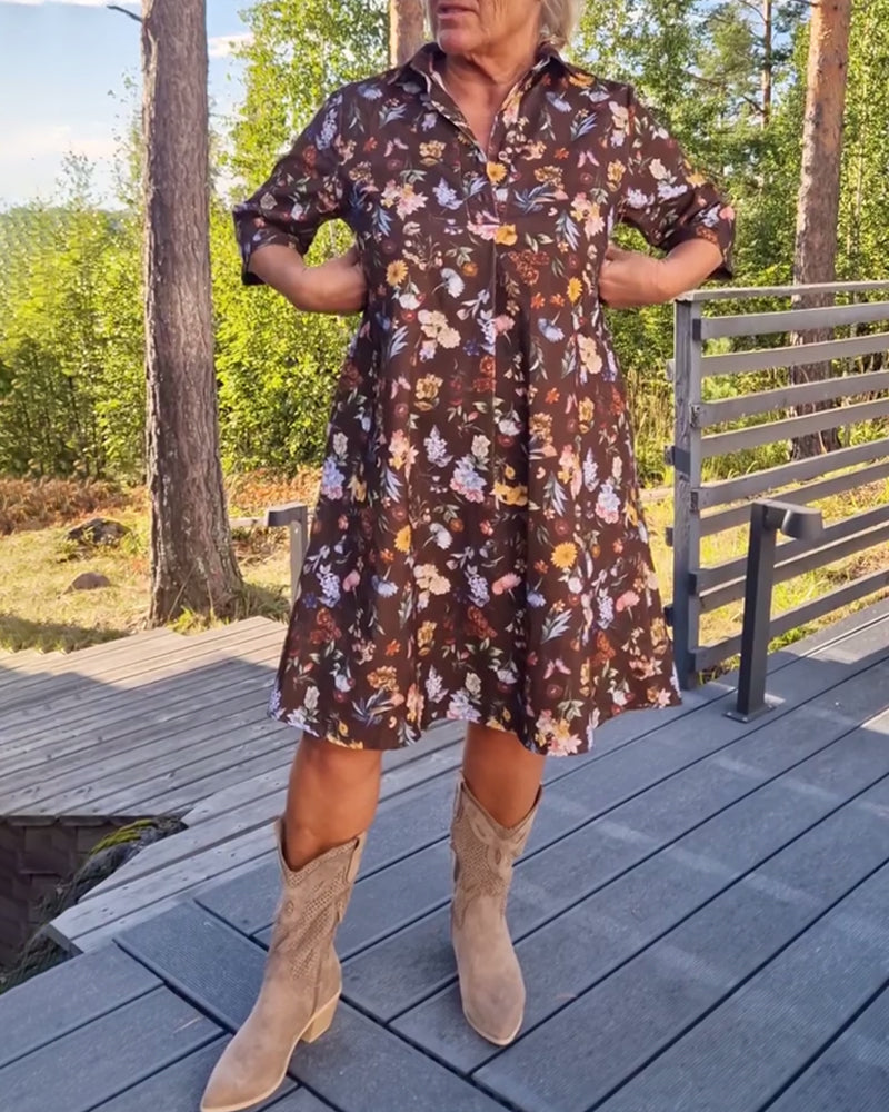 Floral Lapel Printed Shift Dress