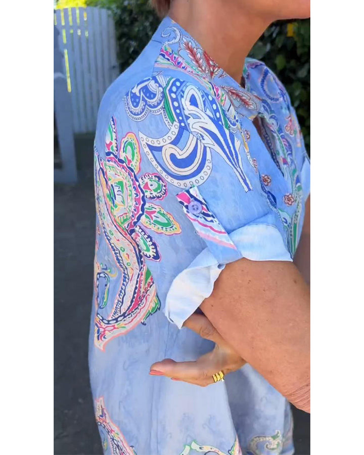 V-neck fold sleeve printed dress