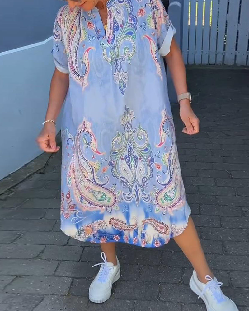 V-neck fold sleeve printed dress