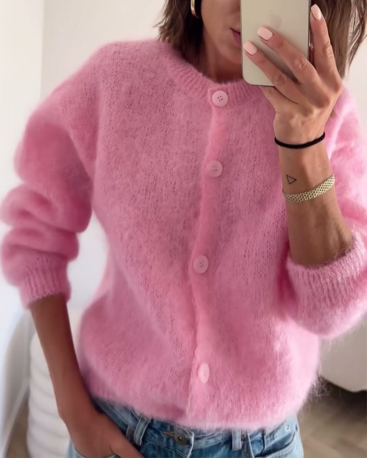 Crew Neck Plush Long-Sleeved Cardigan
