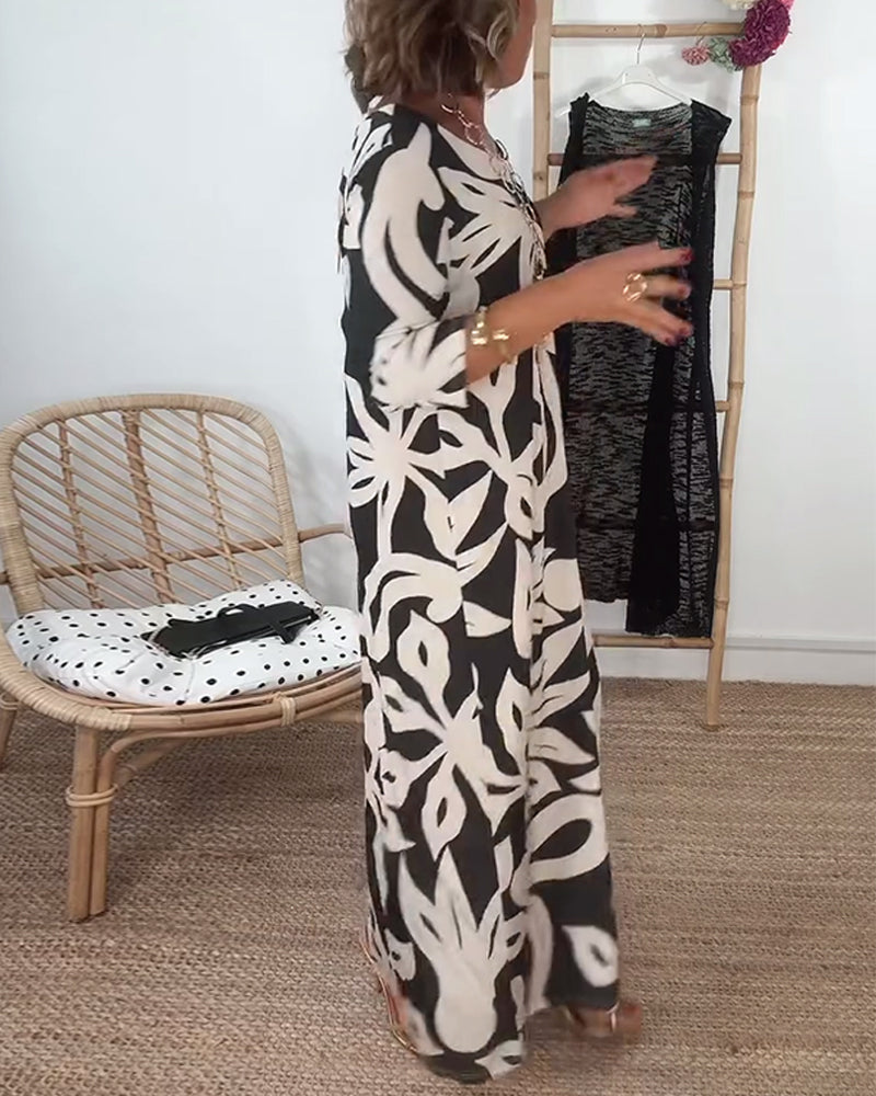 Round Neck Long Sleeve Printed Dress