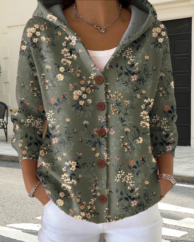 Casual Hooded Printed Button Cardigan