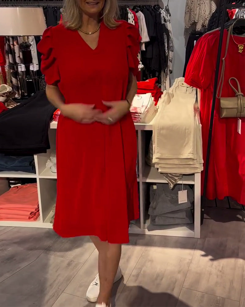 Puff Sleeve V-Neck Temperament Dress