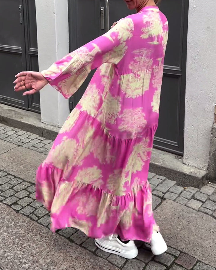 Loose printed V-neck bell sleeve patchwork dress