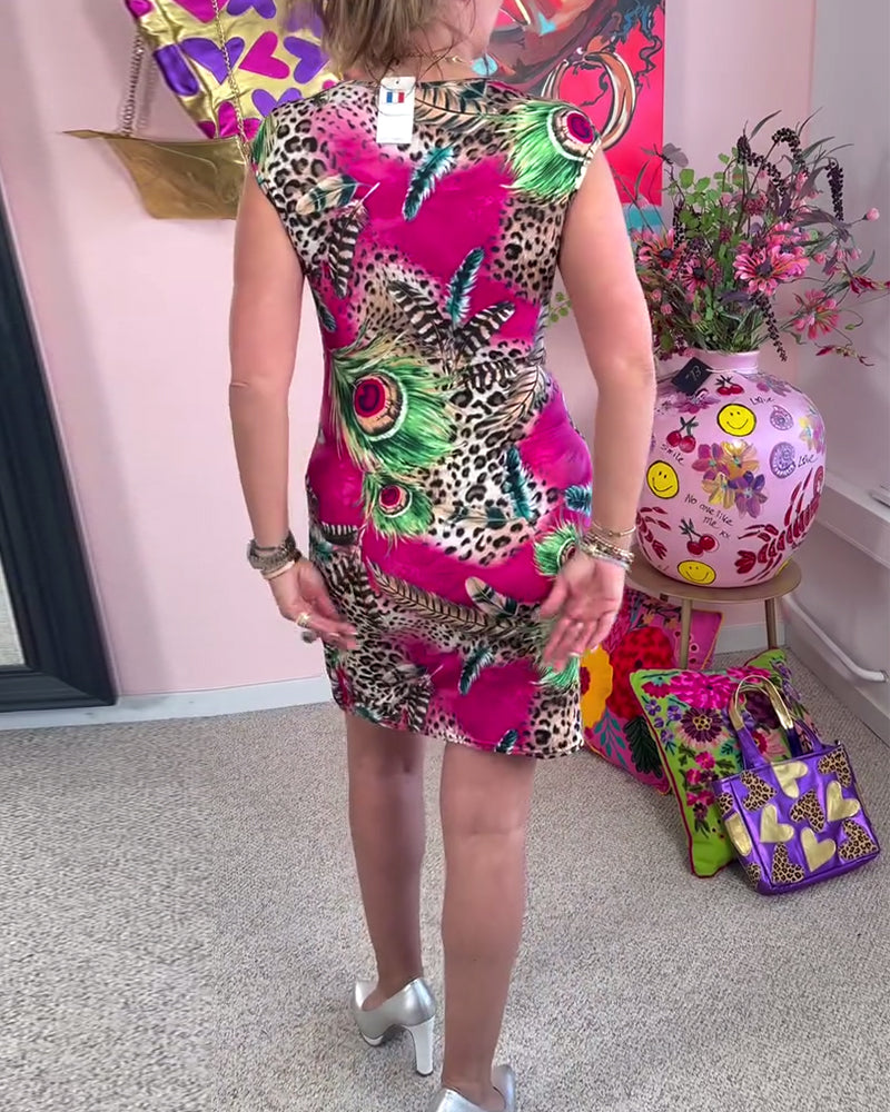 V-Neck Crossover Wrap Leopard Print Dress
