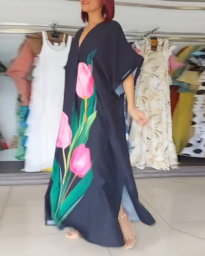 Floral print V-neck slit long dress