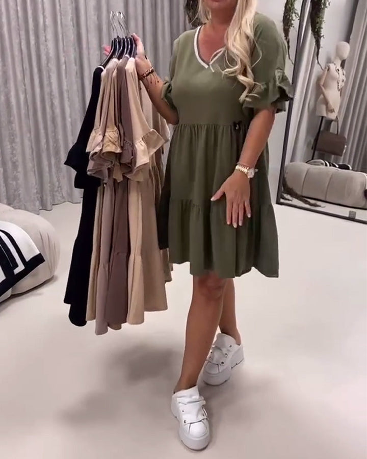 V-Neck Ruffle Sleeve A-Line Dress
