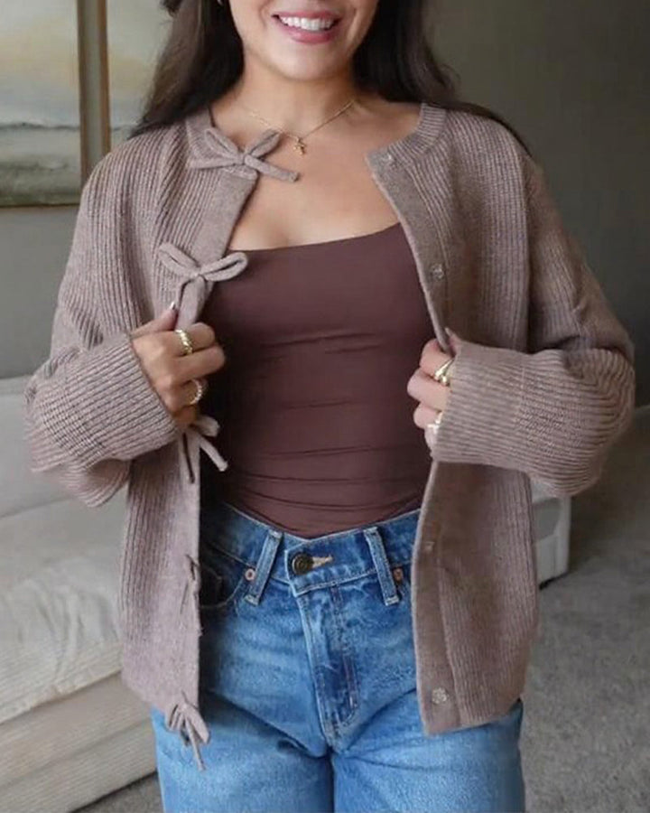 Bow Button Front Solid Cardigan