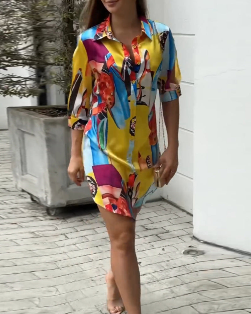 Lapel colorful printed casual dress