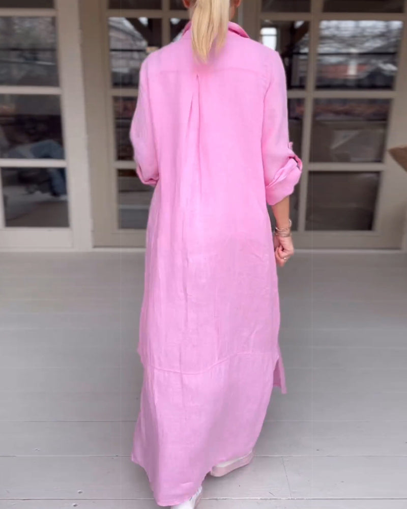 Solid color button lapel casual dress