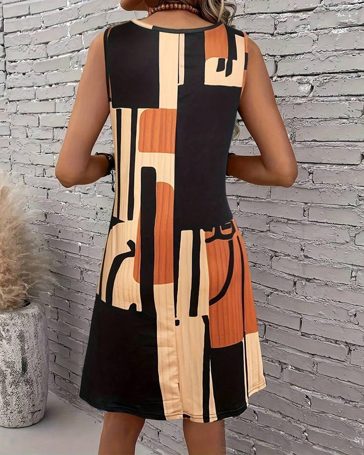 Sleeveless Crew Neck Retro Print Dress