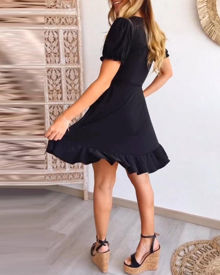V-neck ruffle solid color strappy dress