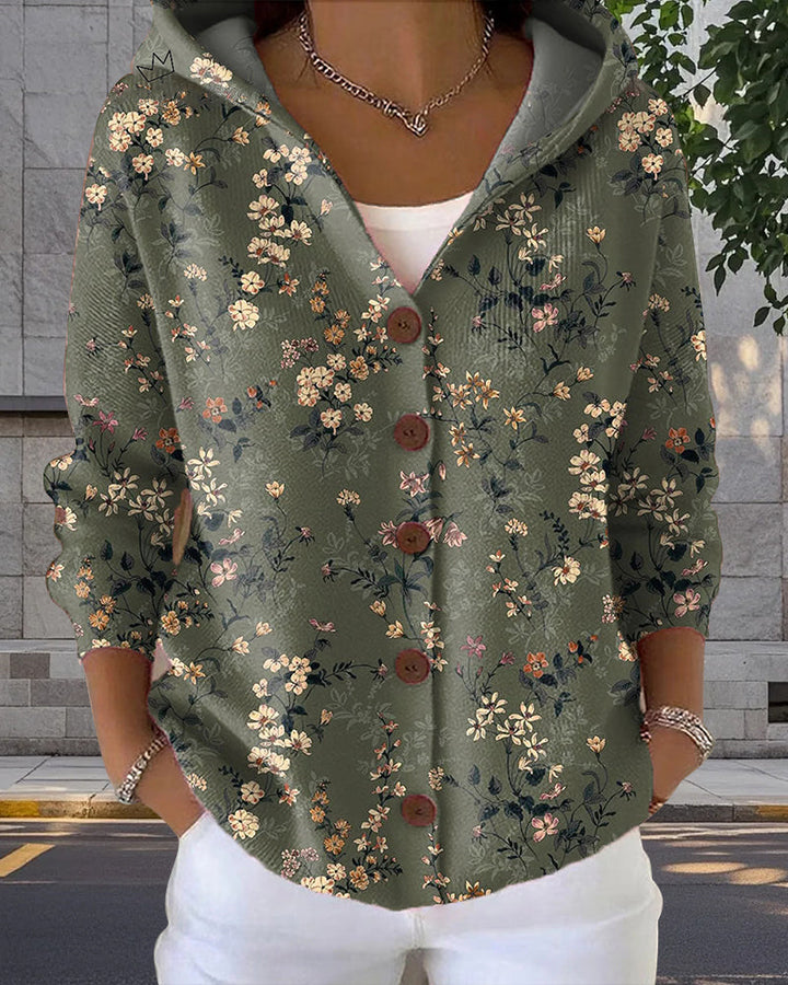 Casual Hooded Printed Button Cardigan