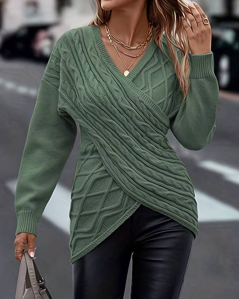 Solid Color Pullovers with V-Neck and Long-Sleeved