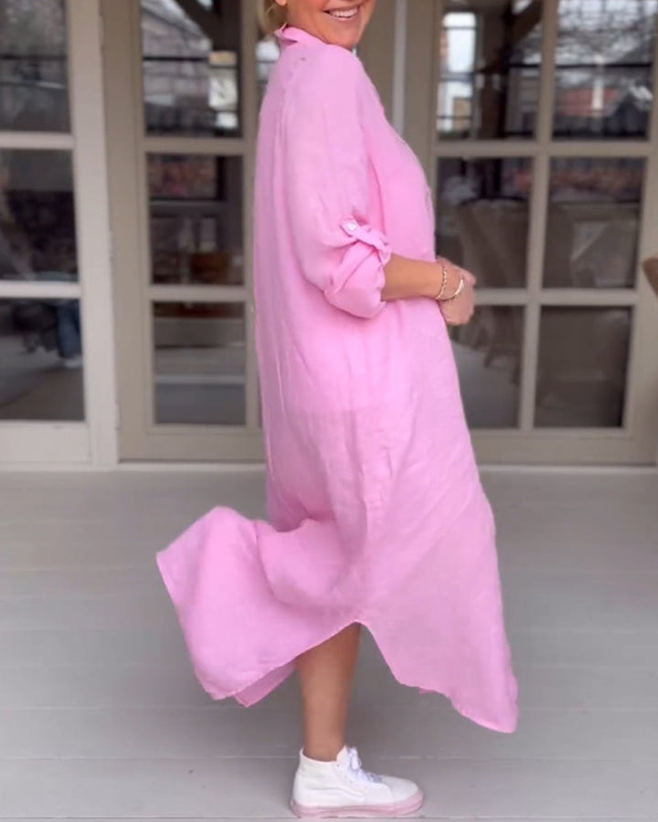 Solid color button lapel casual dress