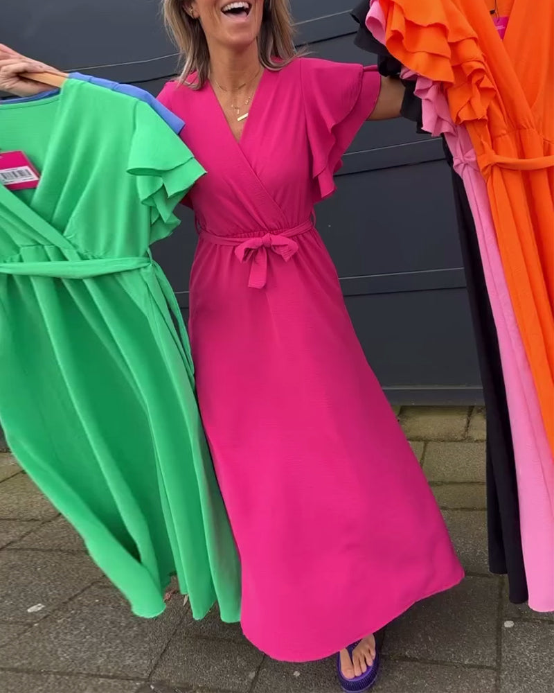 Solid Color Ruffle Sleeve Tie Long Dress