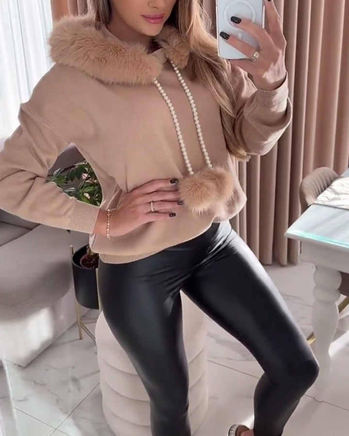 Long-Sleeved Pom-Pom Neck Pullover