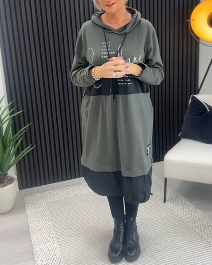 Casual color block letter print pocket hooded dress