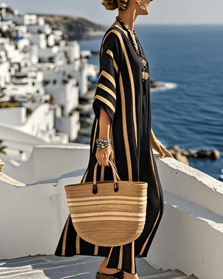 Loose V-Neck Vertical Striped Dress