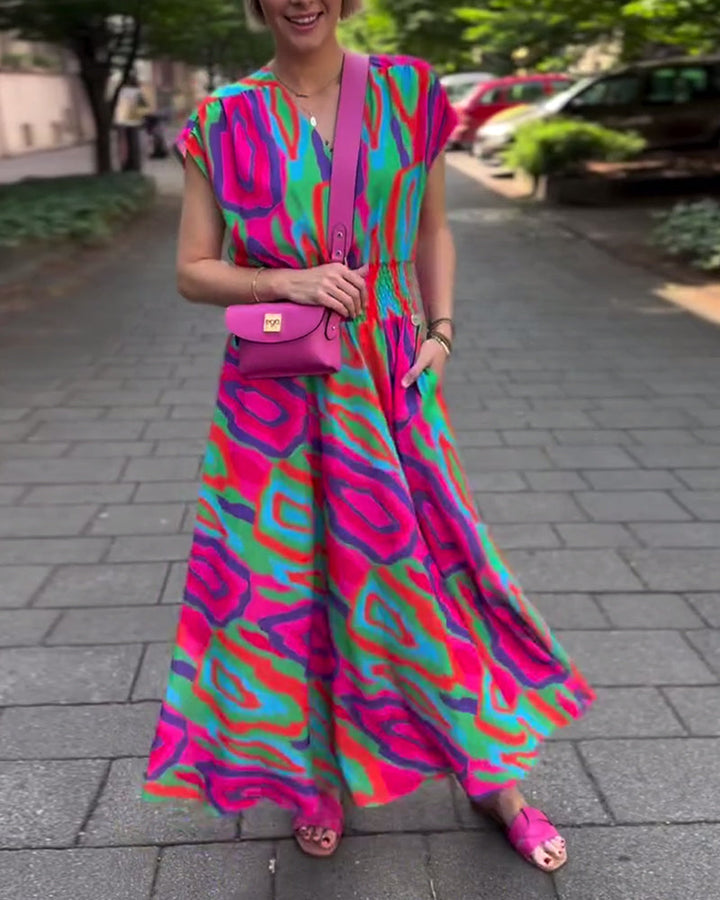 Colorful printed V-neck raglan sleeves long dress