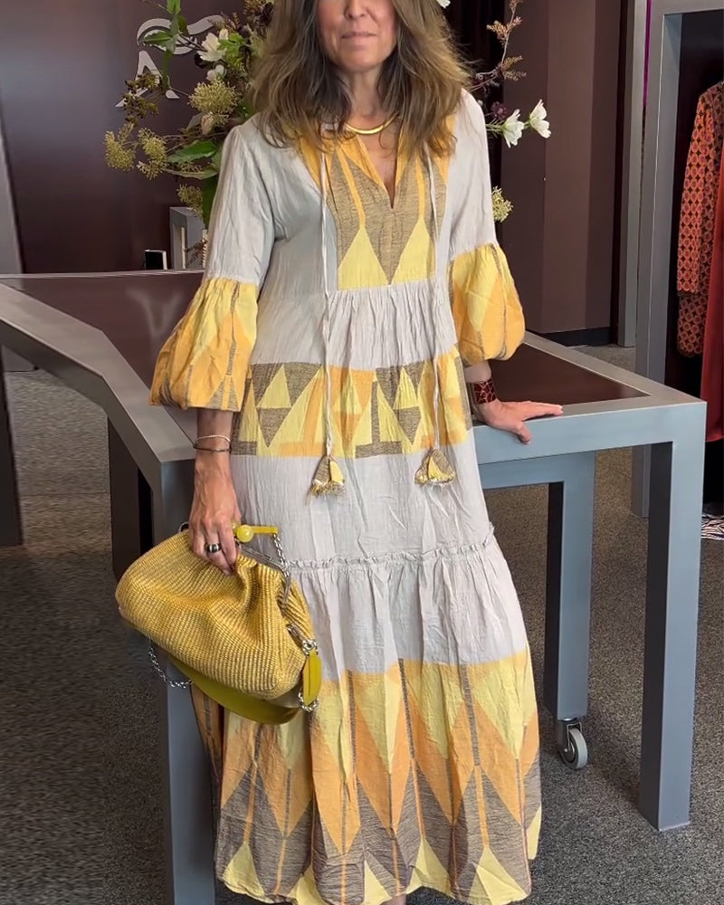 Printed bell sleeves V-neck loose dress