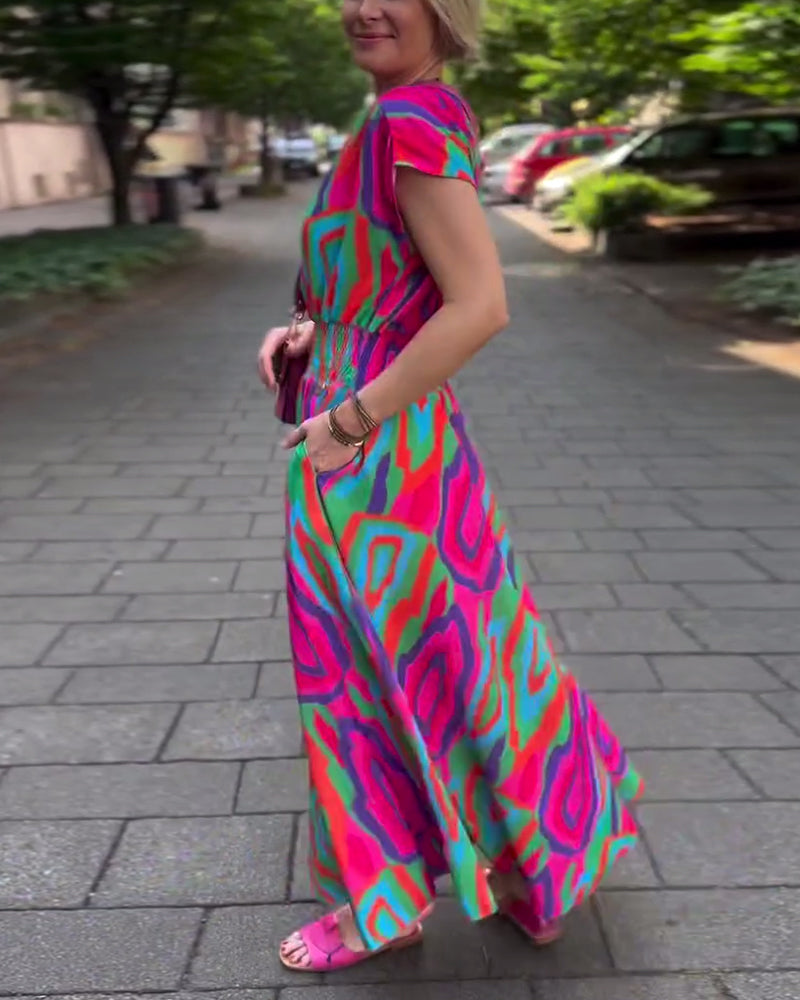 Colorful printed V-neck raglan sleeves long dress