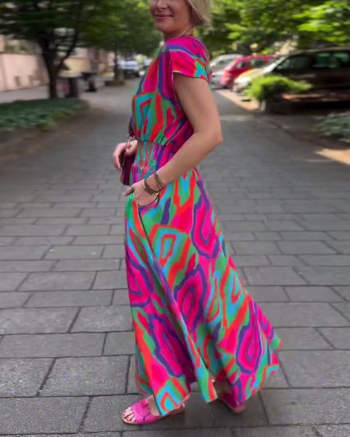 Colorful printed V-neck raglan sleeves long dress