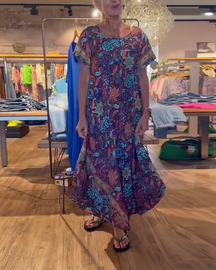 Printed short sleeve round neck long dress