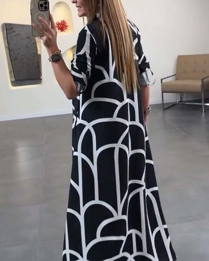 Contrast printed lapel long slit dress