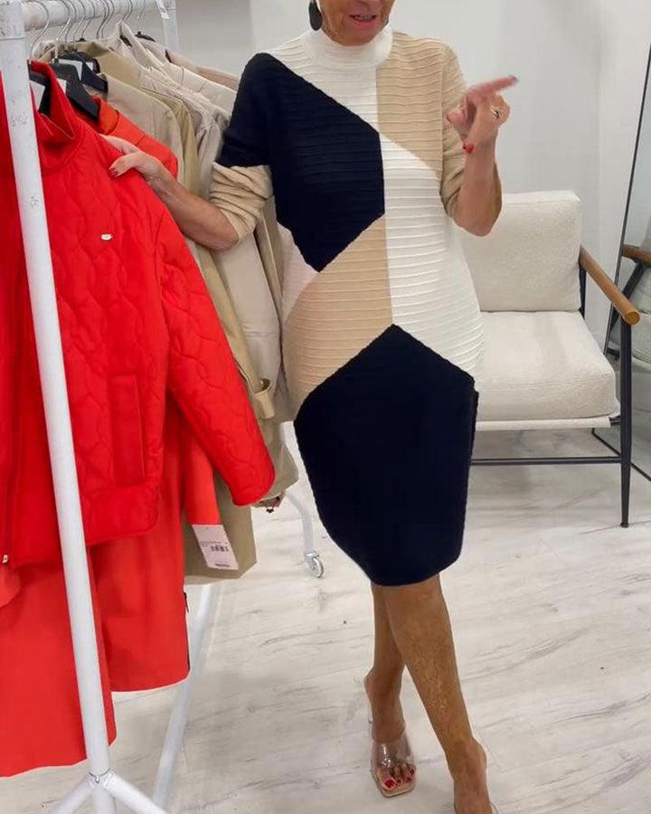 High-Neck Color-Block Sweater Dress
