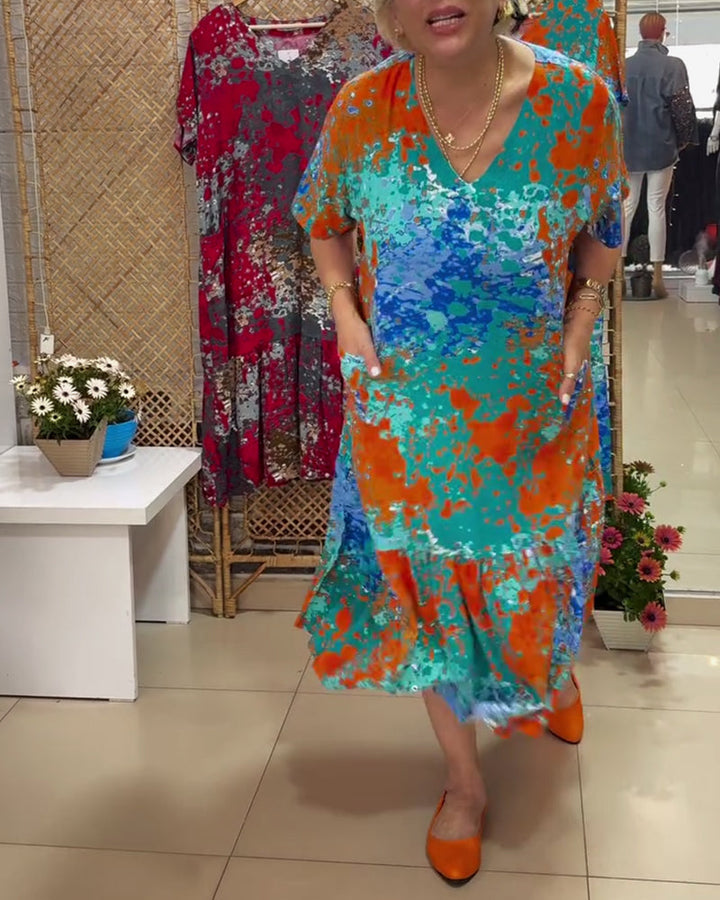 V-Neck Gradient Multi-Color Print Dress
