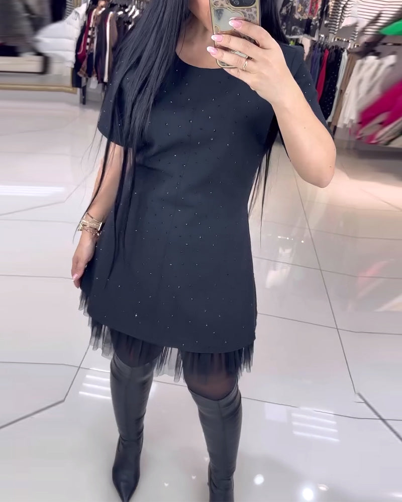Short-Sleeved Mesh Skirt Beaded Stitching Dress