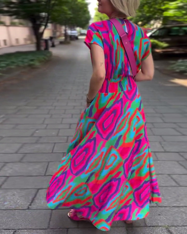 Colorful printed V-neck raglan sleeves long dress