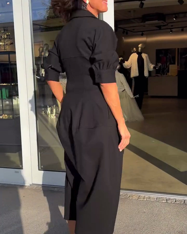 Lapel solid color casual dress