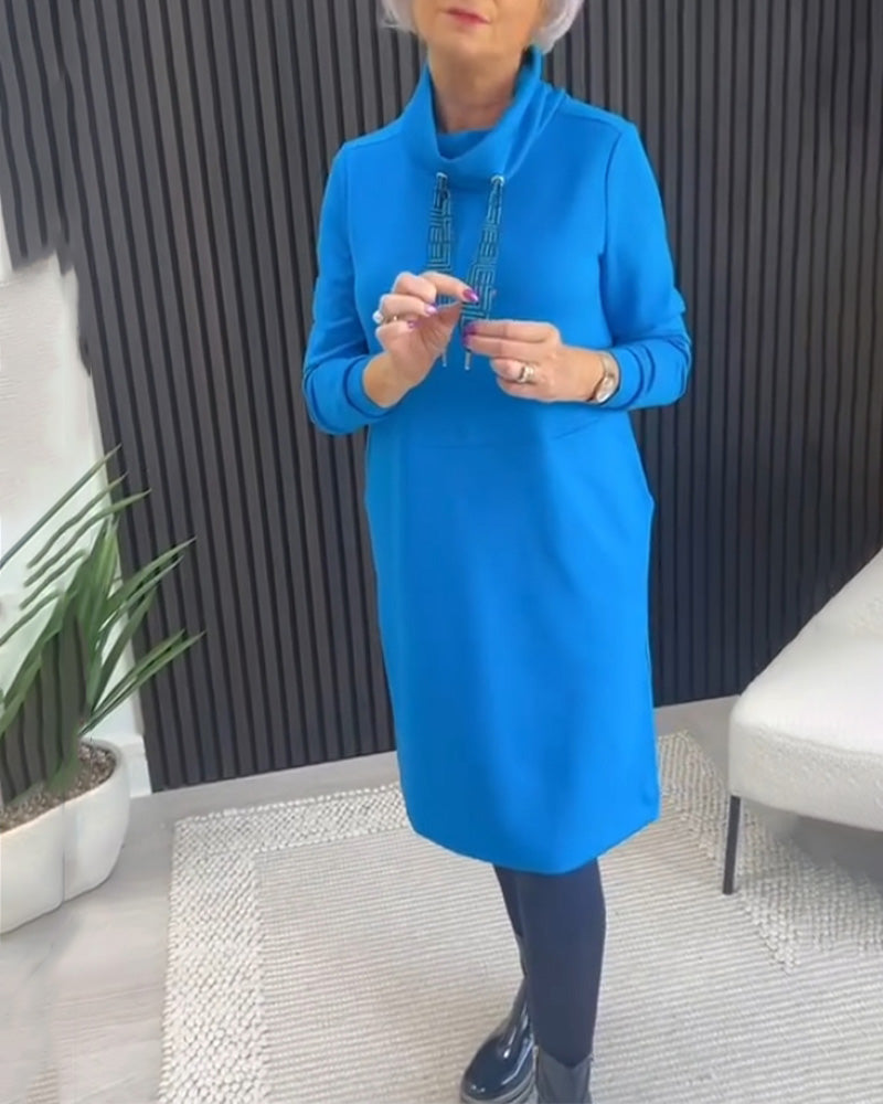 Scarf collar solid color pocket dress