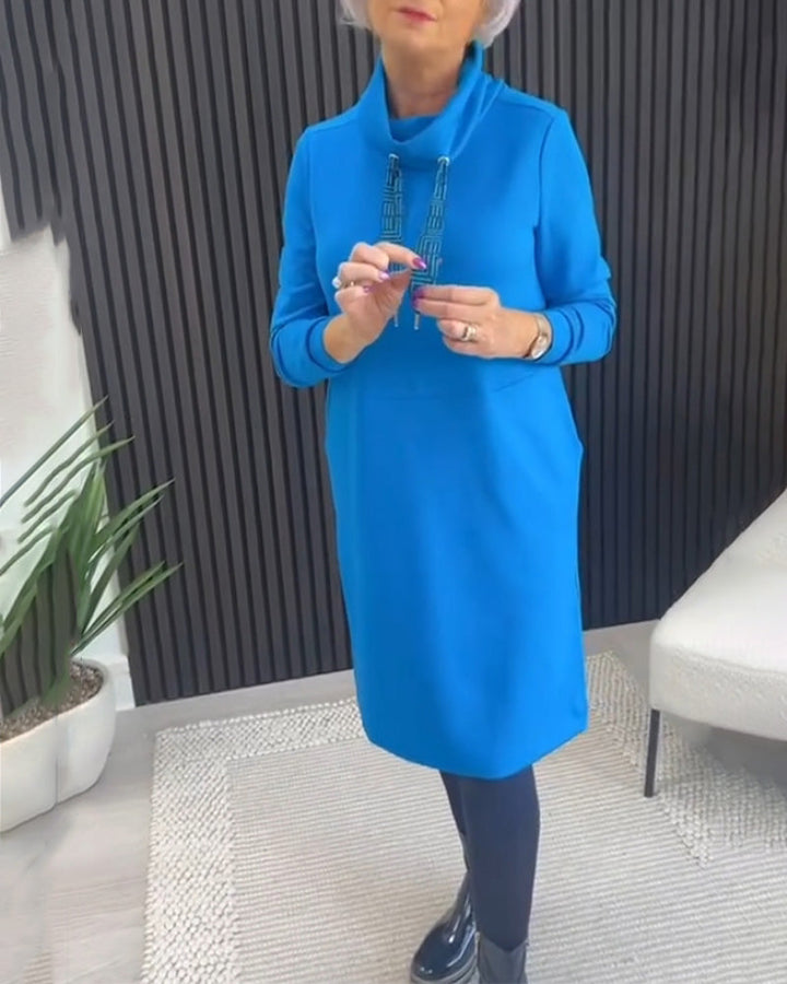 Scarf collar solid color pocket dress