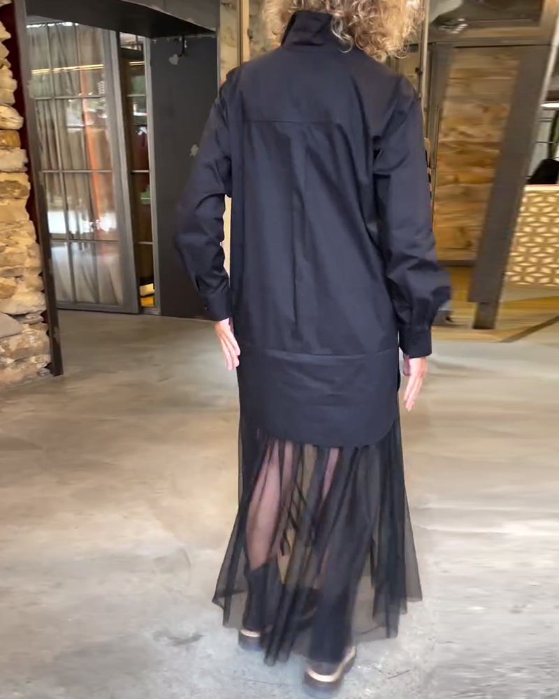 Loose long-sleeved mesh patchwork dress